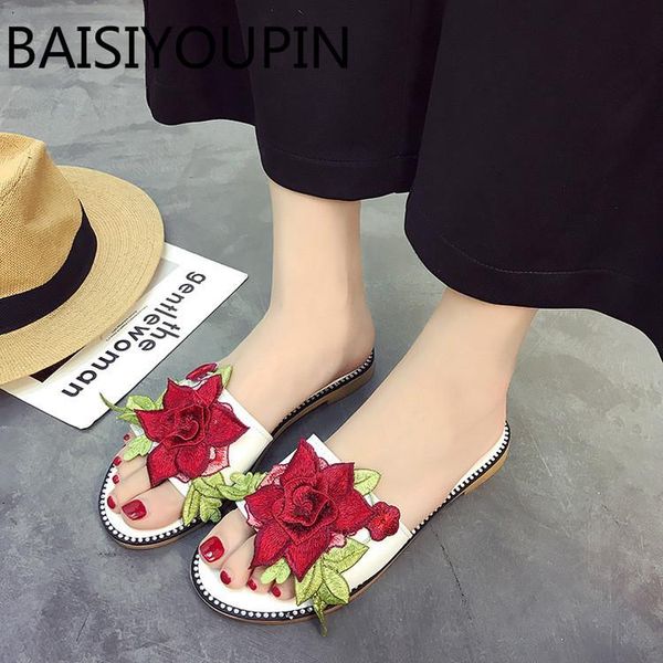 

summer stereo embroidered flat sandals women big flowers slippers outside wear a word for girl slides shoes, Black