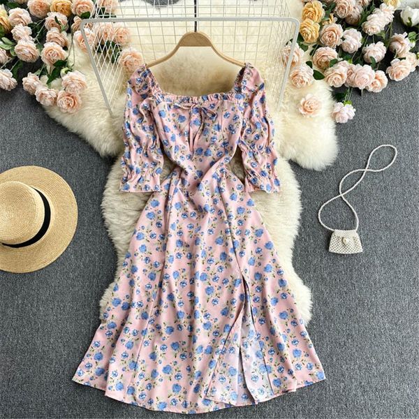 

floral summer french slim womens dresses split printed midi fashion casual short sleeve sundress female clothing, Black;gray