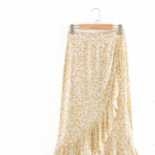 

womens skirt women fashion yellow flower print irregular pleated ruffles midi faldas mujer ladies side zipper vestido skirts qun611, Black