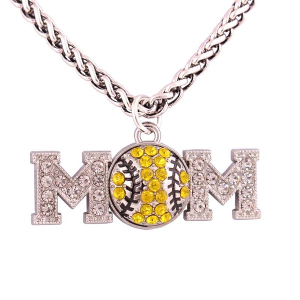 

pendant necklaces women men necklace mom letter charm wheat link chain baseball pattern with sparkling crystals zinc alloy drop, Silver
