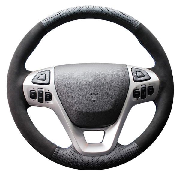 Tampa do volante de direção Tampa de carro de camurça de couro genuíno preto para Explorer 2011-2021 Taurus 2013-2021 Edge 2011-2014 Flex 2013