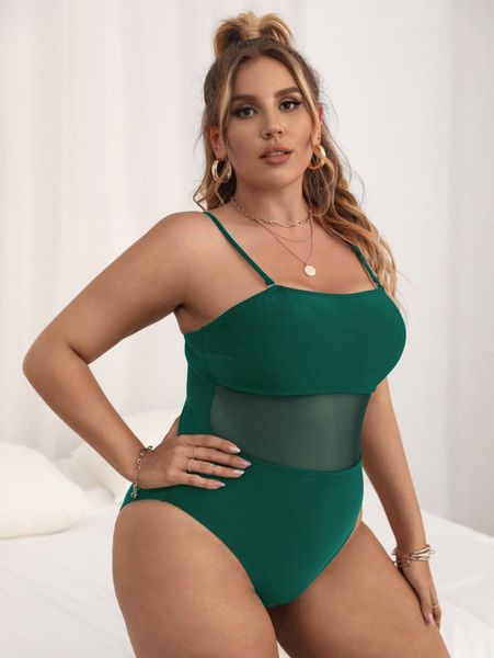 

plus contrast mesh one piece swimsuit z6br#, Black