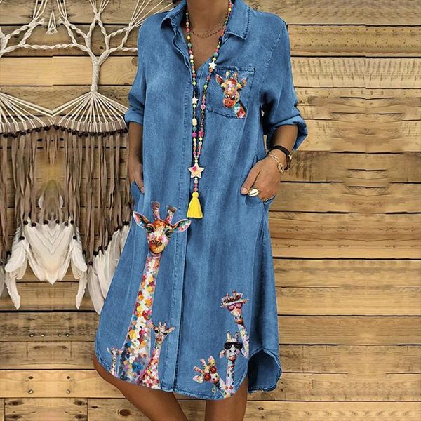 

summer denim giraffe print womens dresses blue turn down collar long sleeve mini pocket plus size short vestidos, Black;gray