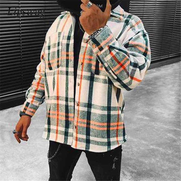 

2022 new fashion plaid printed coats for men casual loose long sve outerwear mens autumn turn-down collar buttoned-up et, Black