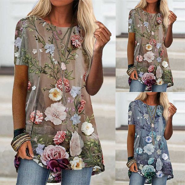 

2021 summer new casual loose round neck floral print short sleeve lady t-shirt women clothing ropa de mujer chemise femme y0621, White