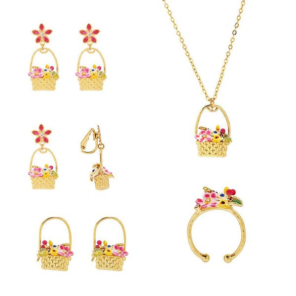 

earrings & necklace enamel flower basket set ring bracelet wholesale jewelry for woman female 2021 trend, Silver
