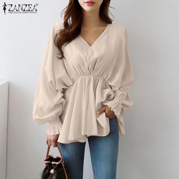 

women's blouses & shirts fashion puff sleeve women high waist ol 2022 casual v neck ruffle blusas female solid tunic, White