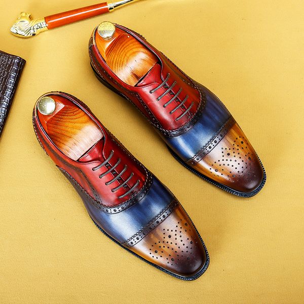

lacing men formal shoes genuine leather brogue british oxford dress shoes khaki blue color matching square head men wedding shoe, Black
