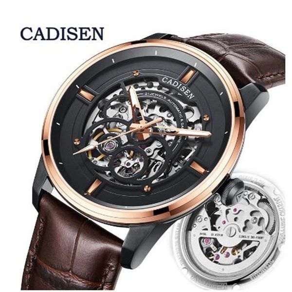 

wristwatches cadisen automatic mechanical watch men hollow skeleton miyota 8n24 watches male sport wrist relogio masculino, Slivery;brown