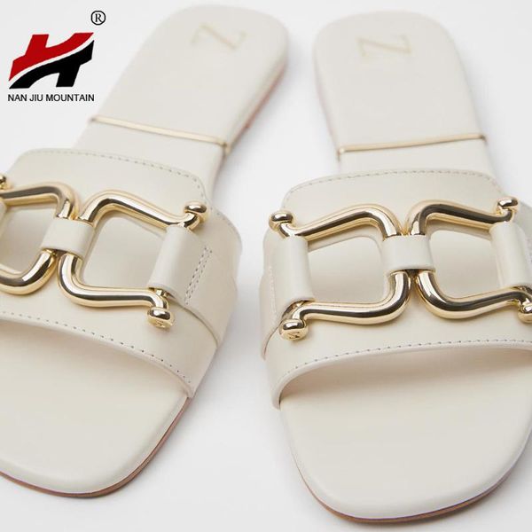 

summer flat sandals women slippers beach shoes metal button open tea solid color simple, Black