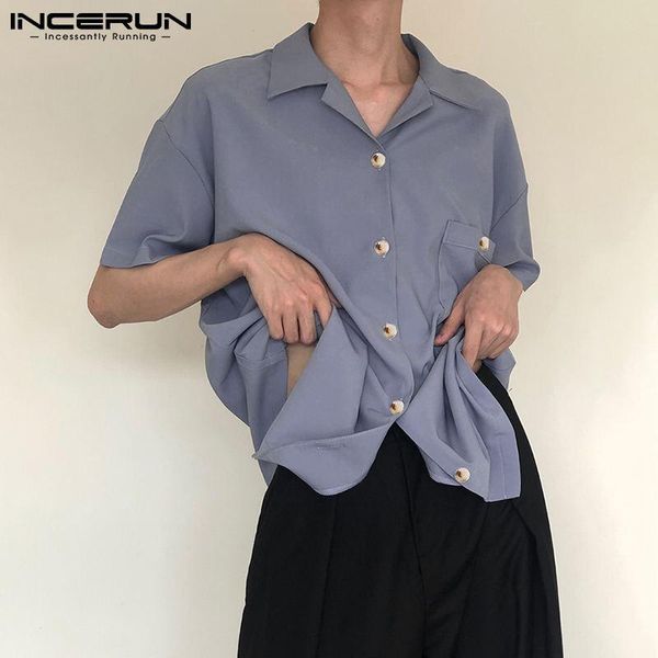 

leisure pocket masculina incerun summer solid color men shirt short sleeve turn down collar blouse man loose button camisa men's casua, White;black