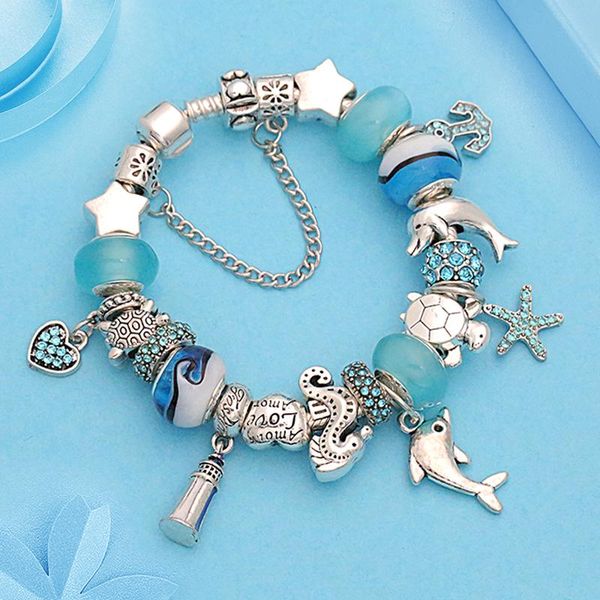 

charm bracelets 2021 design dolphin & bangles for women jewelry gift blue crystal glass diy bead, Golden;silver