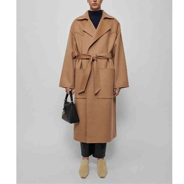 

women's wool & blends women winter double-sided woolen long coat ladies turn-down collar waist lace-up outwear with large pockets sashe, Black