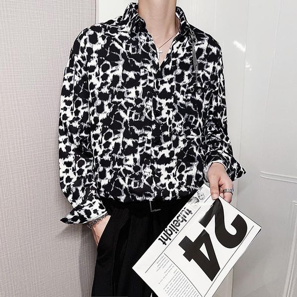 

men's casual shirts fall fashion leopard print loose shirt personalized neckline design draping long sleeve men dress camisa, White;black