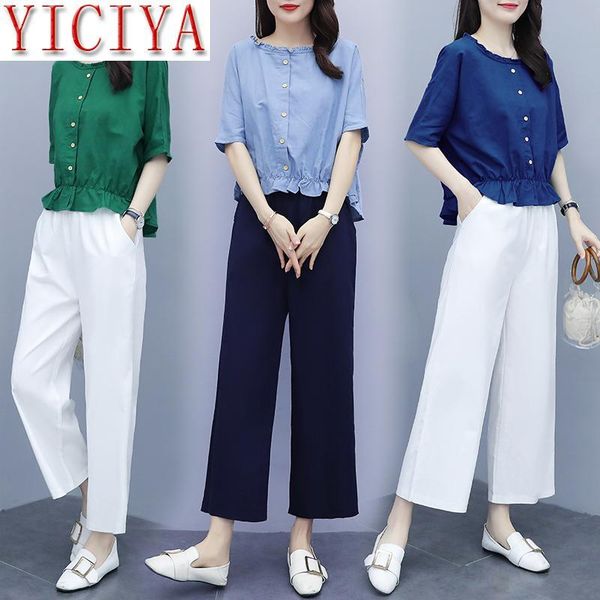 

two piece dress summer cotton linen sets women plus size batwing sleeve loose wide leg pants suits casual vintage large, White