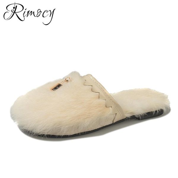 

slippers rimocy women fur slipper ladies fashion short plush flats femme indoor shoes woman round toe flat heel footwear metal decoration, Black