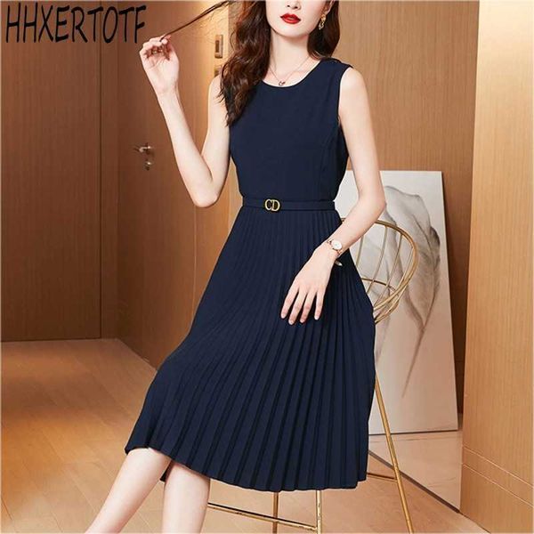 

summer temperament women sleeveless v neck a-line dresses fashion solid pleated casual dress 210531, Black;gray