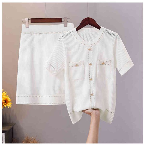 

casual summer knitted suit two elegant girls'ensemble short sleeve hollow button solid upper mesh + elastic waistline mini skirt beis, Black