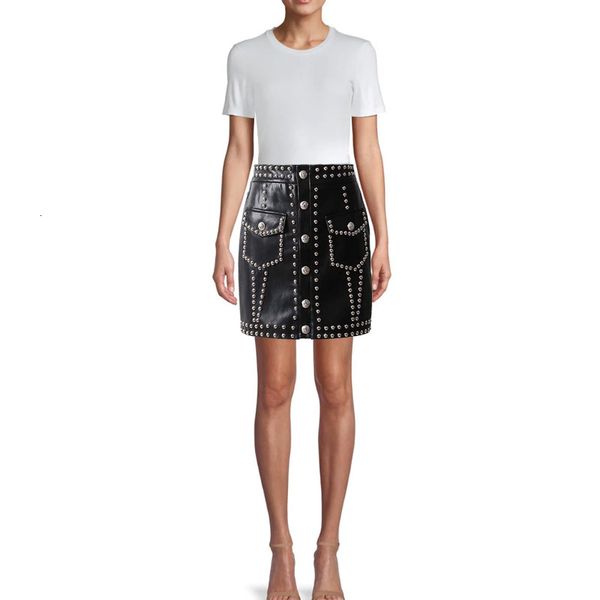 

skirts black patchwork rivet skirt for women high waist streetwear pu leather mini skirts female fashion clothing 2021