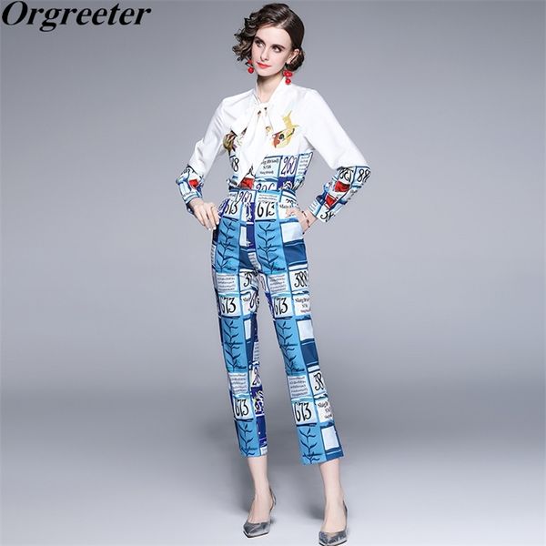 

elegant office ladies printted 2 piece pants suit summer fall bow tie up long sleeve shirt and ankle-length sets female 210602, White