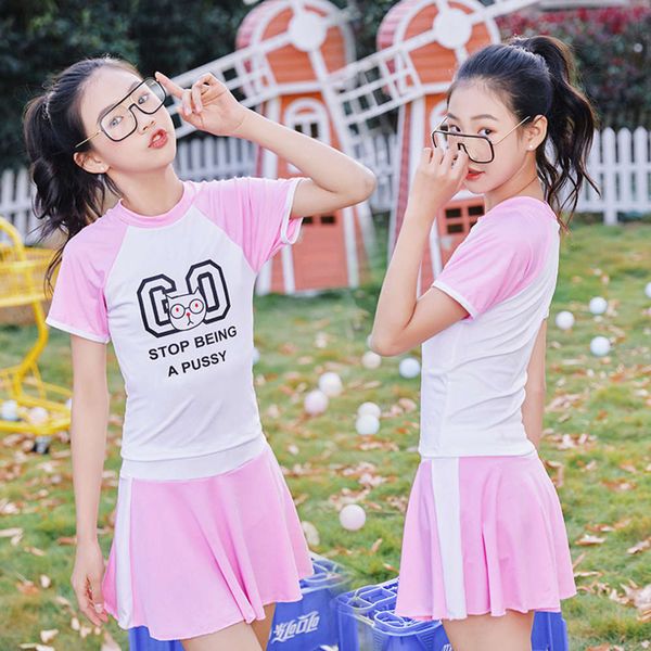 

sports two piece children's swimsuit girl split skirt flat angle student cute, Blue