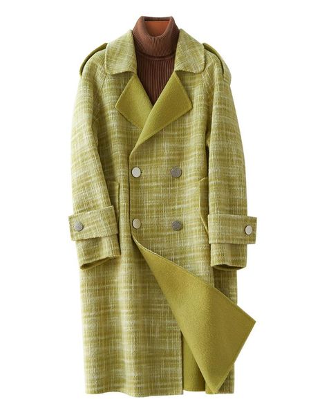 

women's wool & blends shzq 2021 autumn and winter product temperament suit collar double face ni coat korean version long woolen female, Black