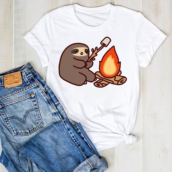 

sloth summer printed camper womens t shirt fire cartoon tee clothes clothing, White