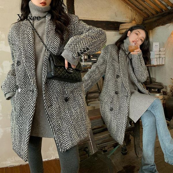 

women's wool & blends stripe woolen coats winter women single breasted mid long overcoat thick warm elegant lady windbreaker outwear, Black