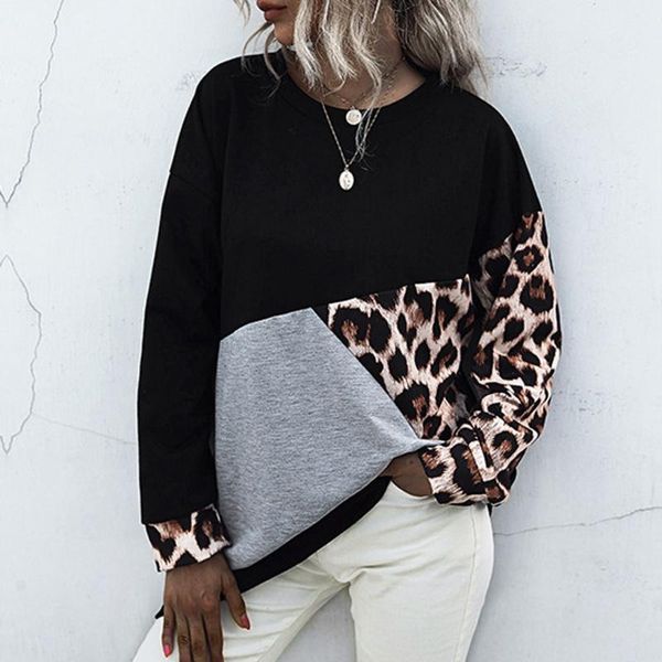 

women's hoodies & sweatshirts fashion womens casual sweatshirt patchwork color block leopard o-neck mid-length loose pullover harajuku, Black