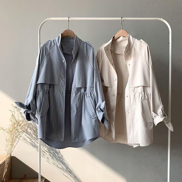 

women's trench coats spring women long straight coat bow streetwear poacket sleeve blue color outwear, Tan;black