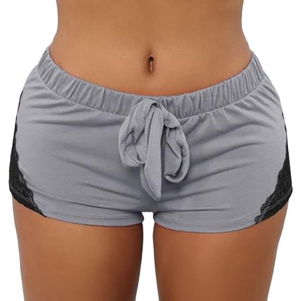 

lace patchwork womens sports shorts drawstring mid waist pants tight yoga gym fitness running workout leggings for lady, Black;blue