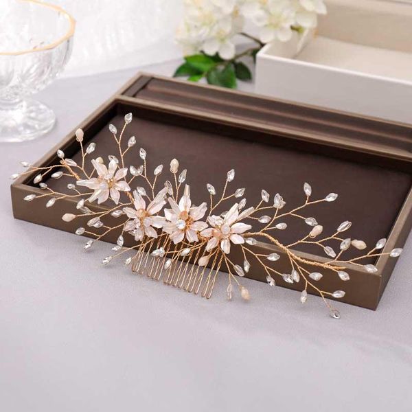 

hair clips & barrettes korean style bride alloy flower leaf shape handmade comb rhinestone decor tiara wedding accrssories helh889, Golden;silver