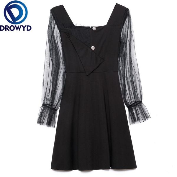 

casual dresses queen mesh mini dress for women fashion girl boho long sleeve single-breasted elegant nightclub party vestido, Black;gray