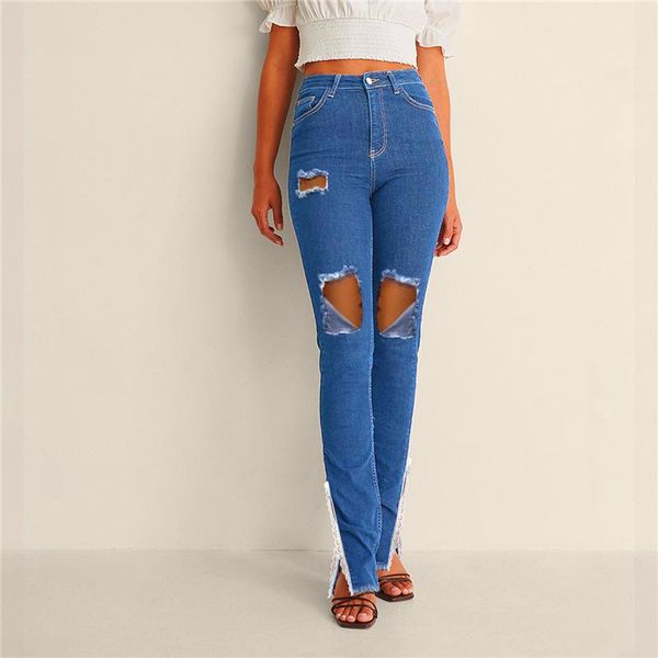

women's jeans lace patchwork pants women ankle split denim trousers blue high waist streetwear lady autumn casual bottoms