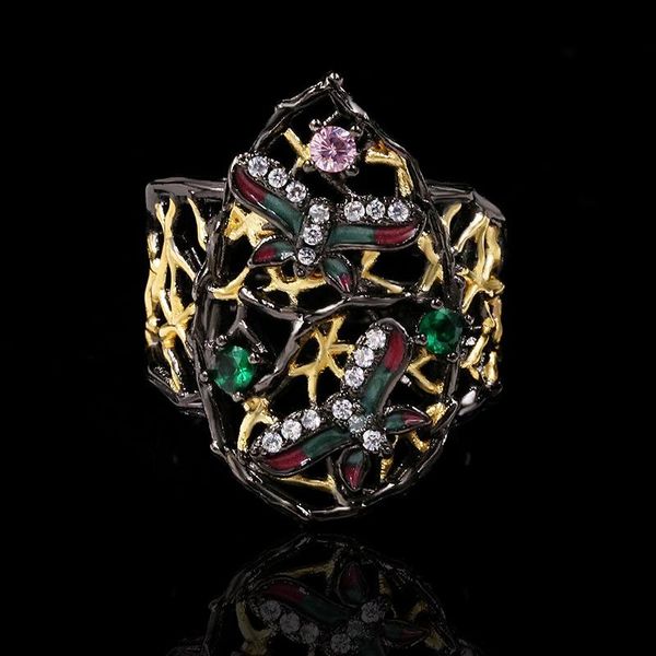 

exquisite bohemian dragonfly butterfly ring female 925 sterling silver emerald black gold hollow italian high jewelry cluster rings, Golden;silver