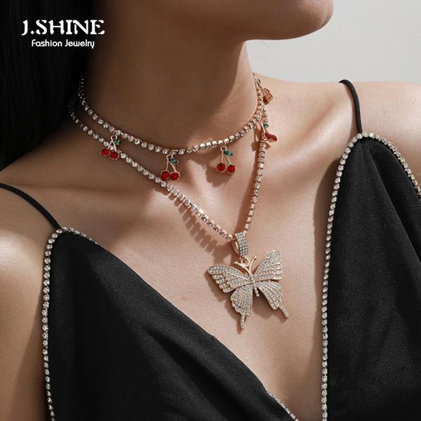 

jshine 2pcs/set iced out rhinestone chain choker necklace fashion big butterfly cherry pendant for women jewelry chains, Silver