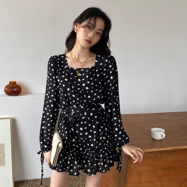 

casual dresses dress fashion early autumn women's 2021 temperament goddess fan french wave point small short, Black;gray