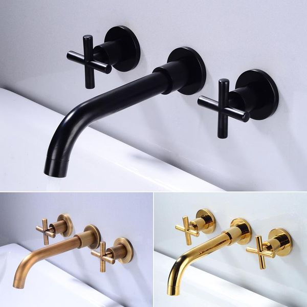 

bathroom sink faucets basin set 3 hole brass double cross handle wall mounted faucet cold tap in-wall