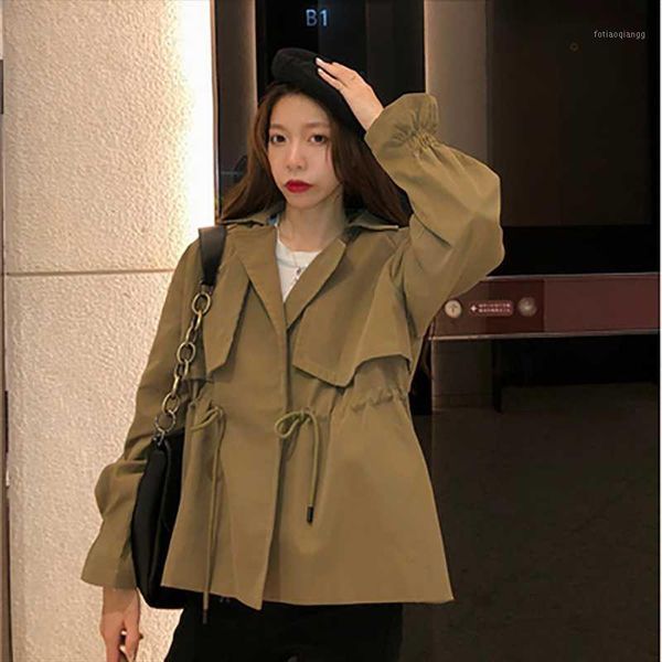 

women's jackets 2021 spring and autumn retro drawstring loose waist small long sleeve trench coat clothing, Black;brown