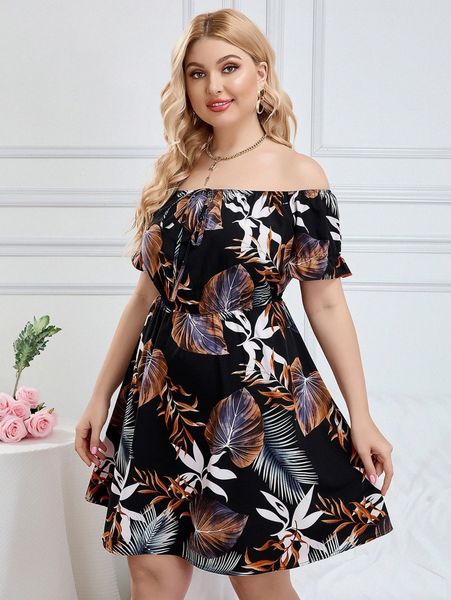 

plus tropical print off shoulder flounce sleeve dress s6yf#, Black
