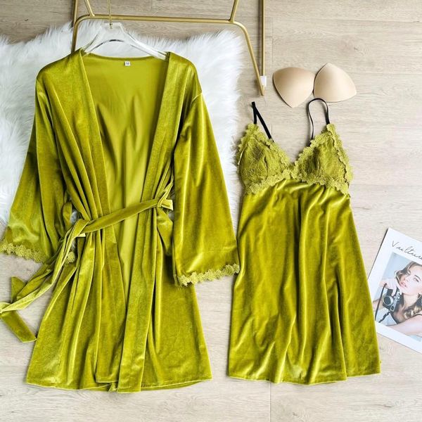 

women's sleepwear lace trim kimono robe gown suit women autumn winter velour v-neck nightdress hollowed out temptation home pyjama, Black;red