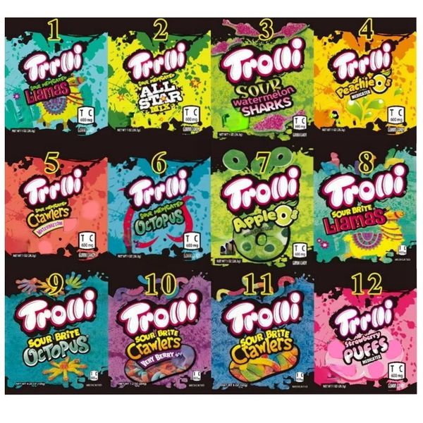 

12 types trrlli trolli errlli empty mylar bags 600mg sour medicated edibles packaging bag all star mix ocs blamas gummies candy resealable z