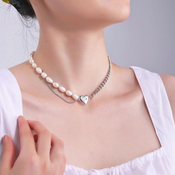 

chains pearl love heart micro-set necklace pendants stainless steel sliver for women girls party wedding jewelry celebratory gift, Silver