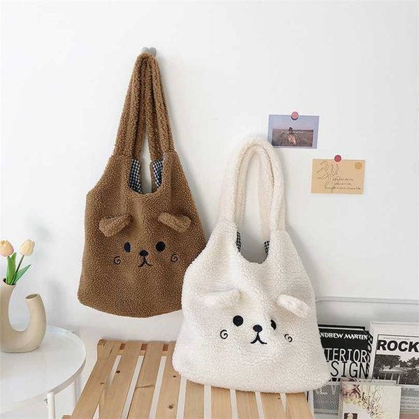 

winter soft plush tote bag women cartoon embroidery imitation lamb hair shoulder for shopper bolsa 211103