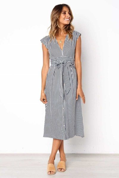 

casual dresses summer vintage stripe sleeveless sun women v-neck belt robe femme ylbe, Black;gray