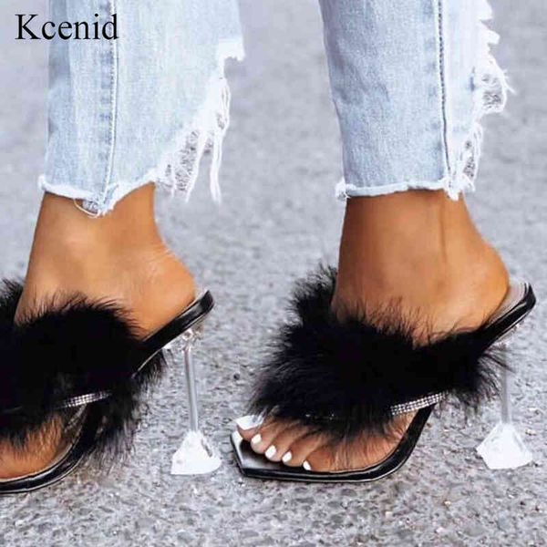 

sandals summer woman slippers feather transparent perspex crystal high heels flip flops mules ladies slides shoes 96c6, Black