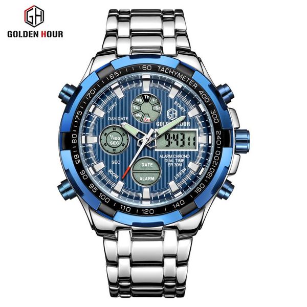 

wristwatches brand goldenhour men dual display watch fashion luxury business watches mens casual waterproof wrist relogio masculino, Slivery;brown