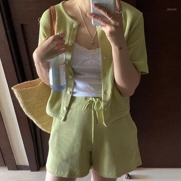 

women's tracksuits korean fashion shorts sets casual two piece set women short sleeve cardigans and high waist pants summer 2 outfits, Gray