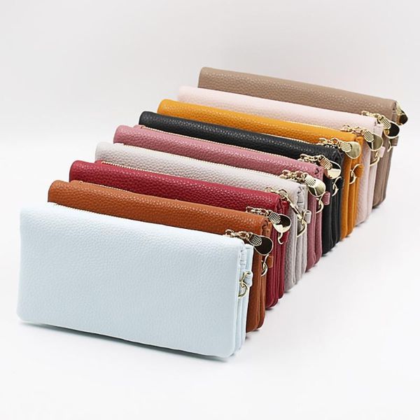 

wallets women fashion long wallet bag zipper card package multi-card soild color holder coin handbag leather female purse, Red;black