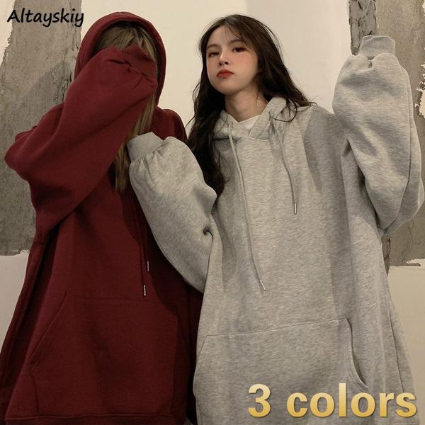 

hoodies women hooded clothing solid female long sleeve pullovers chic all-match leisure students oversized sweatshirt 2021 thick women', Black